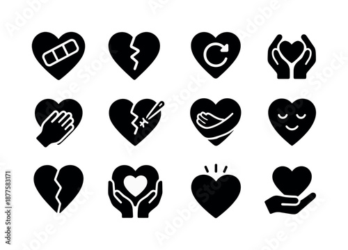 Healing Love Icons. Healing love. Solid icon set of healing love: heart bandage, mended heart, heart recovery, gentle hands, emotional healing, broken heart
