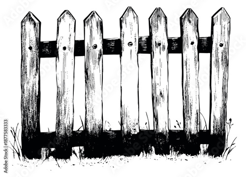 Hand drawn illustration of a wooden fence depicting a rustic boundary with grass for garden design