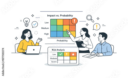 Collaborative Risk Evaluation. Risk evaluation meeting. Colleagues discussing impact and probability using visual matrices. Collaborative analysis and focus,