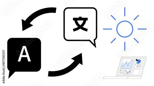Language learning, global communication, technology, data analysis, international commerce, multilingual tools. Arrows connecting speech bubbles, sun icon and laptop screen with charts. Language
