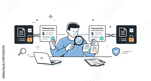 Ledger Review Illustration. Transaction verification process. Auditor comparing transaction cards across connected ledger blocks. Calm methodical review