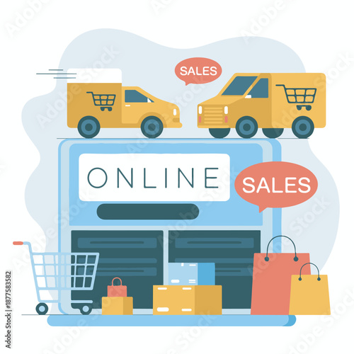 Online sales concept with laptop shopping carts and delivery trucks