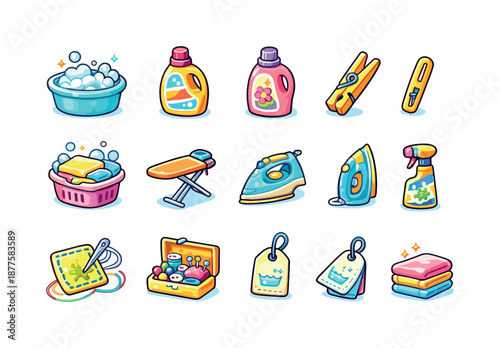 Laundry Icons Set. Laundry and care. Colorful isometric vector icons set of laundry and care: washing basin, detergent bottle, fabric softener, clothesline