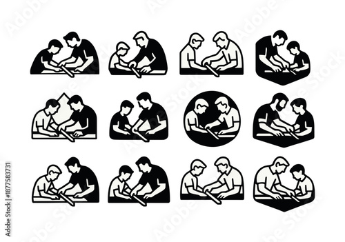 Father-Son Home Project. A father and son working together on a home improvement project. Icon set. Set Logo of A father and son working together on a home