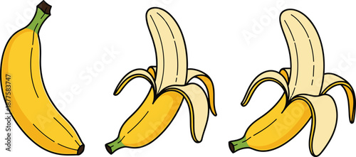 Three Yellow Bananas One Unpeeled Two Partially Peeled On White Background fruit whole