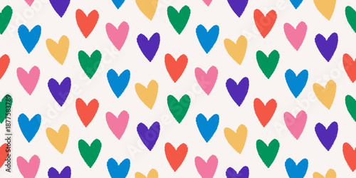 Chalk hearts repeating pattern. Hand drawn brush marks and sketch lines. Crayon doodle background for romantic banners and prints.