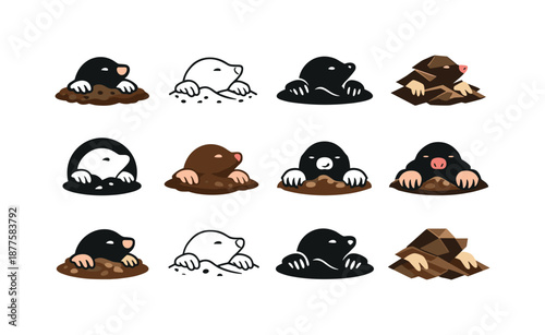 Mole Logo Variations. Mole. Icon set. Set Logo of mole: soft earth texture icon. harmonious logo variations of the same emblematic concept, each with different
