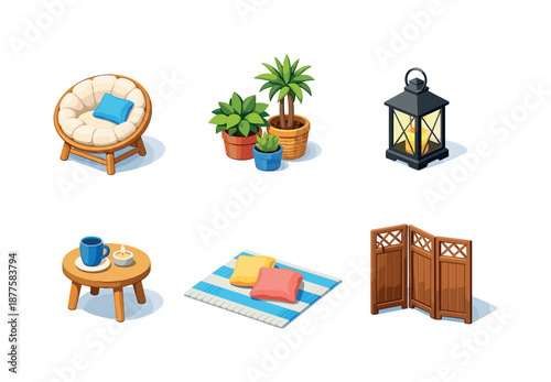 Balcony Relaxation Icons. Balcony relaxation. Isometric flat vector icons set of Balcony relaxation: cushioned chair, potted plant corner, floor lantern light,