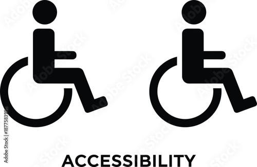 Two black pictograms of a person in a wheelchair indicating accessibility on a white background icon