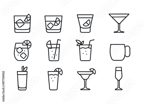 Classic Cocktails Icons. Party drinks. Line icon set of classic cocktails: old fashioned, negroni glass, whiskey sour, cosmopolitan, gin and tonic, long island