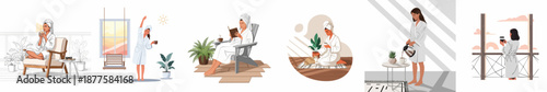 Set of illustrations showing women relaxing in bathrobes, enjoying coffee, reading, and morning self-care routines.