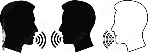 Two Human Head Profiles Facing Each Other Emitting Sound Waves on White Background icon