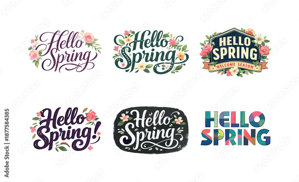 Fototapeta premium Elegant Floral Lettering Grid. Floral watercolor greetings. Set lettering. harmonious lettering variations of the same emblematic concept, each with different