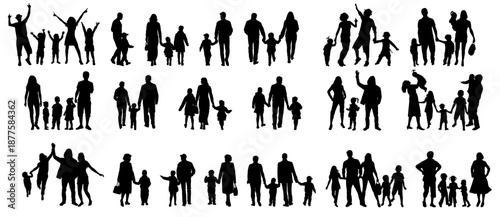 vector silhouettes of kids and parents ,family set