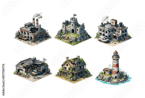 Abandoned Ruins Icons. Abandoned places and ruins. Isometric flat vector icons set of abandoned places and ruins: abandoned factory, ruined castle, derelict