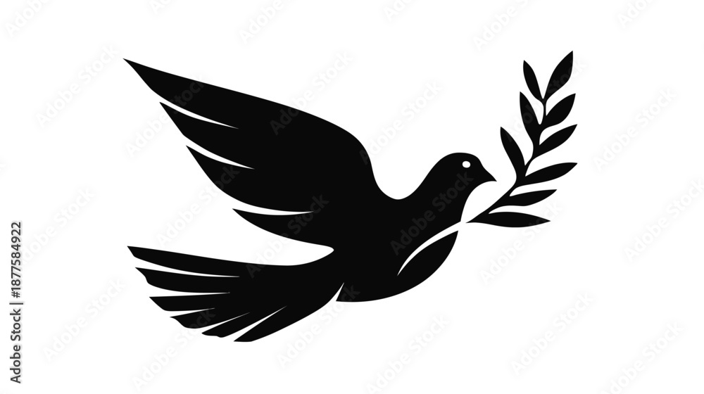 Obraz premium A monochrome illustration of a bird in flight, holding a branch. Simple design