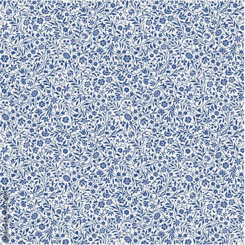 The Meadow. Vintage Floral seamless pattern. Wildflower silhouettes. Blue and white