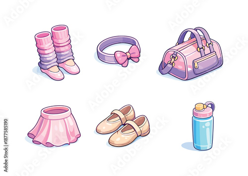 Dance Accessory Icons. Dance Accessories. Isometric flat vector icons set of Ballet and Modern Dance Sections: leg warmers, headband, dance bag, practice