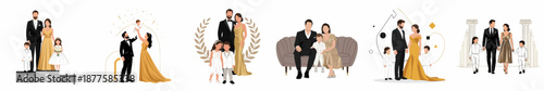 Elegant family formal wear vector set: parents and children celebrating success, achievement, and luxury at gala and award events.