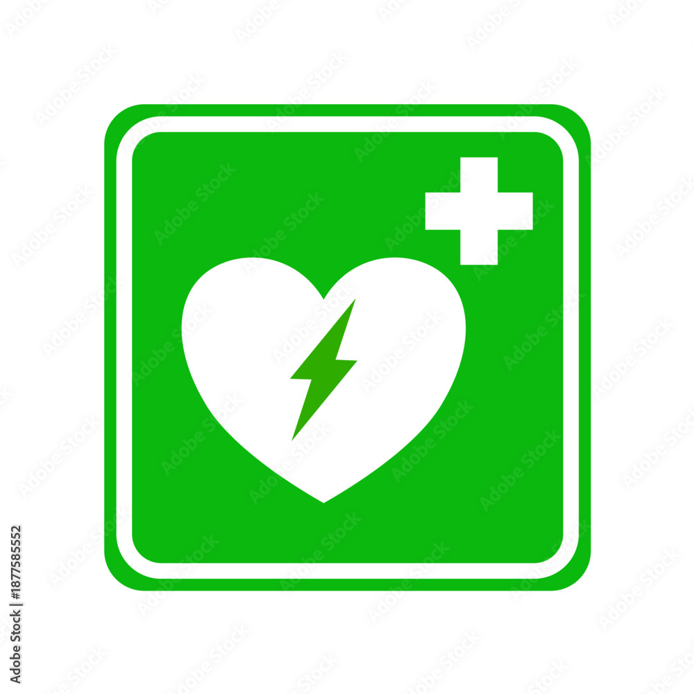 Naklejka premium Automated external defibrillator sign, AED green heart with lightning bolt and cross, medical emergency, pictogram, vector illustration