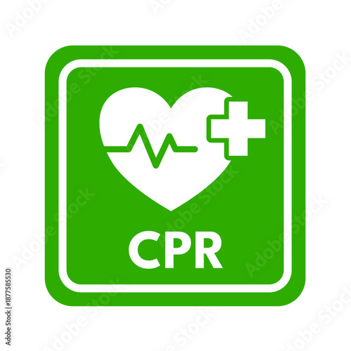 Cardiopulmonary resuscitation sign, CPR green heart with heartbeat line and cross, medical emergency, pictogram, vector illustration