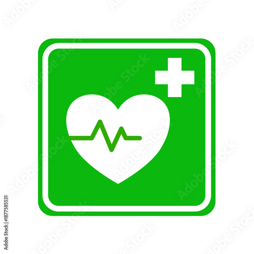 Cardiopulmonary resuscitation sign, CPR green heart with heartbeat line and cross, medical emergency, pictogram, vector illustration