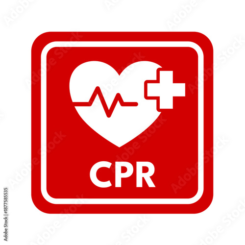 Cardiopulmonary resuscitation sign, CPR heart with heartbeat line and cross, medical emergency, pictogram, vector illustration