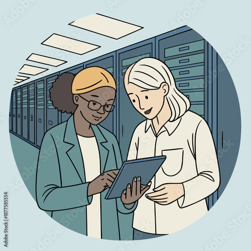 Two women collaborate in a modern data center, analyzing data on a tablet. An illustration depicts two women engaged in collaborative work within a data center environment. One woman, with dark skin