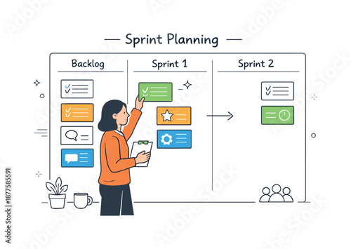 Sprint Backlog Organization. Sprint backlog planning. A product owner arranging backlog items into sprint columns on a clean board. Thoughtful prioritization,