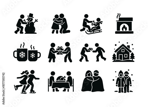 Winter Family Icons. Winter family bonding. Solid icon set of Winter family bonding: snowman building, family hugging, sledding together, fireplace icon, hot