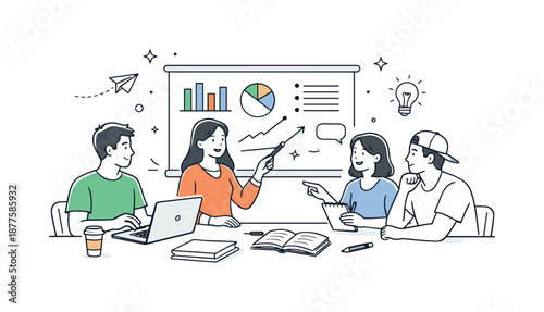 Collaborative Student Project. University students group project. Small team working on a presentation with charts and notes on a screen. Teamwork, discussion