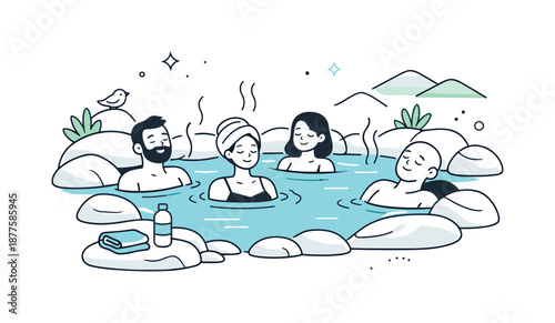Tranquil Hot Springs. People at hot springs. People relaxing in a natural hot spring pool, calm atmosphere and sense of rest and recovery. Minimalist flat