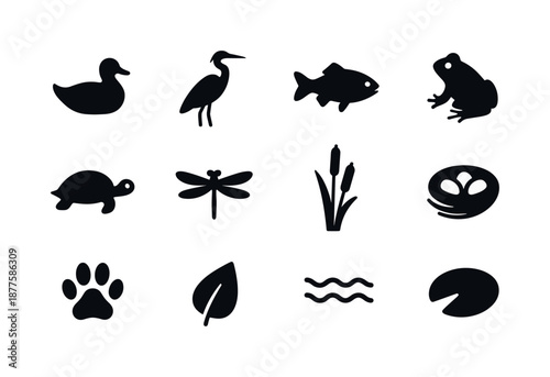 Lakeside Wildlife Icons. Lakeside wildlife. Solid icon set of lakeside wildlife: duck silhouette, heron silhouette, fish silhouette, frog silhouette, turtle