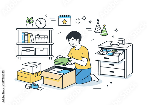 New Year Decluttering. Cleaning house before New Year organizing. Person sorting boxes, shelves or drawers, neatly arranging items. Order, clarity and mindful