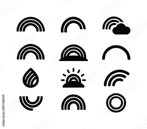 Black Rainbow Icons. Rainbow. Solid icon set of Rainbow: full rainbow arc, partial rainbow, rainbow with cloud, double rainbow, rainbow over hill, gradient