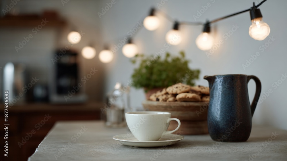 Obraz premium Cozy corner coffee blossom, rustic ambience, Hygge vibe, Diwali twinkle, homemade feast, steamy warmth, enchanting autumnal whispers