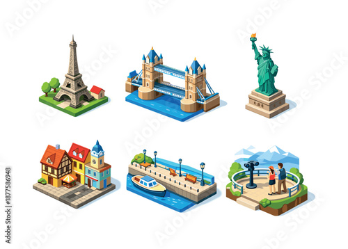 Isometric Tourist Icons. Tourist Attractions. Isometric flat vector icons set of Tourist Attractions: famous landmark building, city bridge, historic statue,