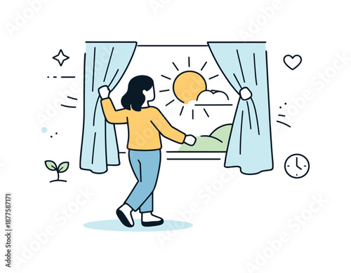 Hopeful Sunlight Moment. Light returning to daily life. A character opening curtains or stepping into sunlight after a darker season. Gentle movement, hopeful