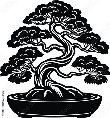 Zen Japanese Bonsai Tree Silhouette Vector Illustration