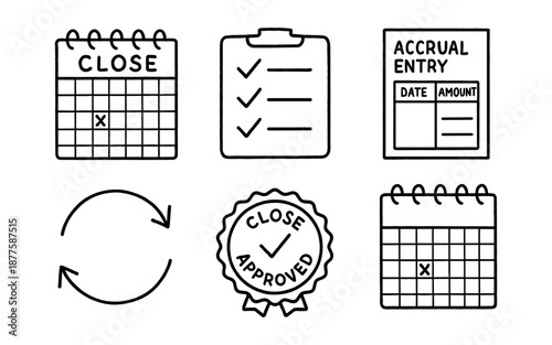 Financial close process icons: calendar, checklist, accrual entry in simple line art