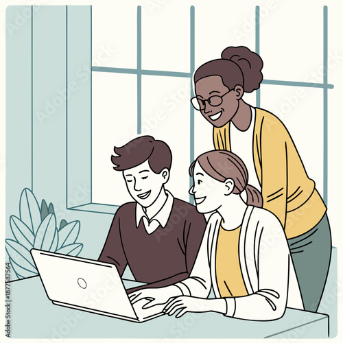 Collaborative team working together on a laptop in a modern office environment. An illustration depicts three individuals actively engaged in a collaborative work session. A man with dark hair