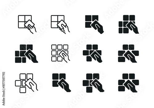 Kitchen Backsplash Icons. Installing a backsplash in the kitchen. Icon set. Set Logo of installing a backsplash in the kitchen: mosaic tile symbol. harmonious