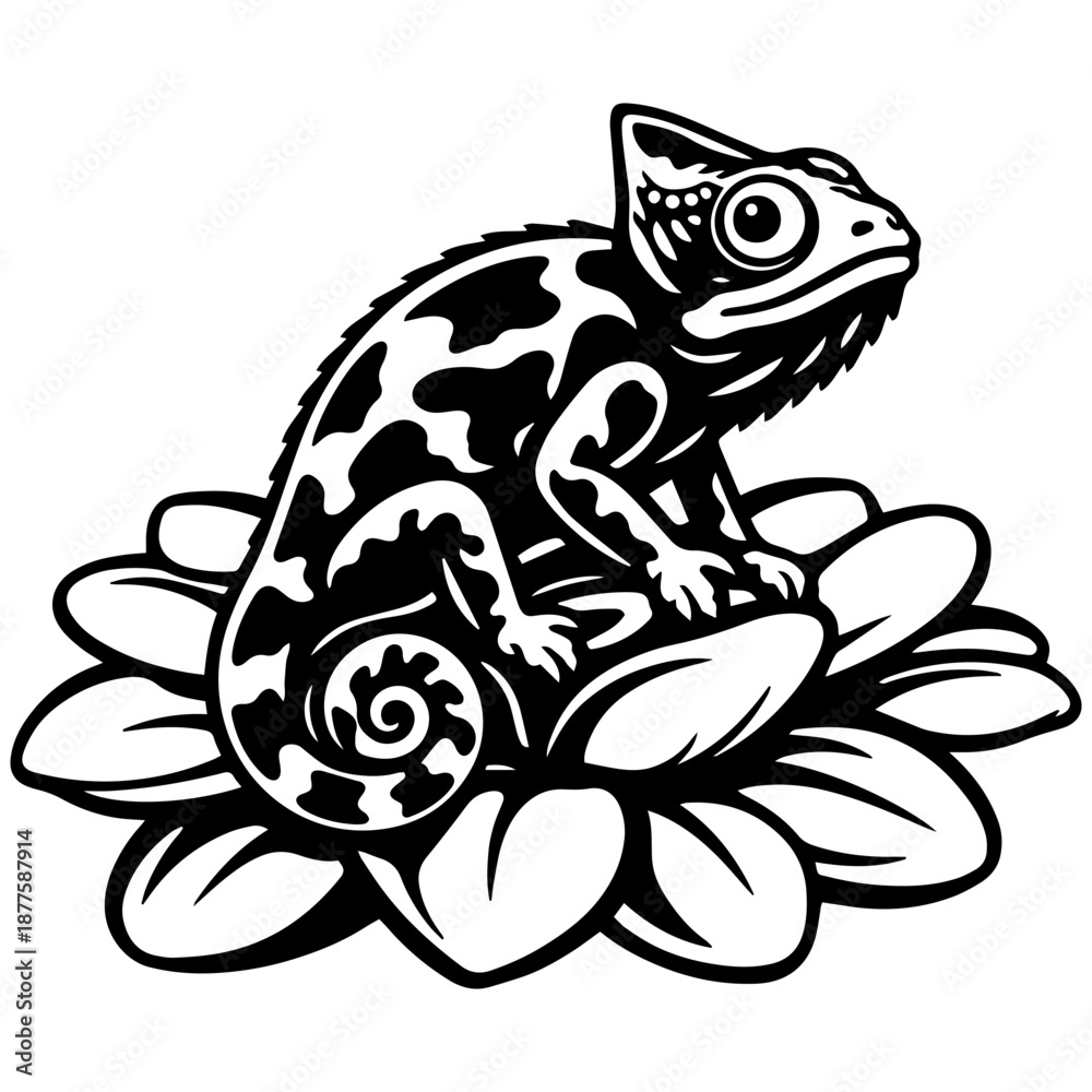 Fototapeta premium Chameleon sitting on a flower vector line art, black and white illustration for engrave and prints