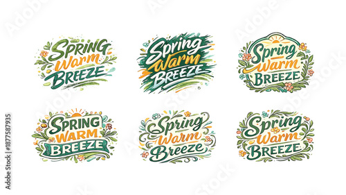 Spring Lettering Variations. Spring Warm Breeze. Set lettering. harmonious lettering variations of the same emblematic concept, each with different artistic