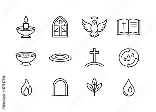 Baptism Icon Set. Christian baptism. Line icon set of christian baptism: baptismal light, cross window, dove with halo, scripture lines, calm water bowl,