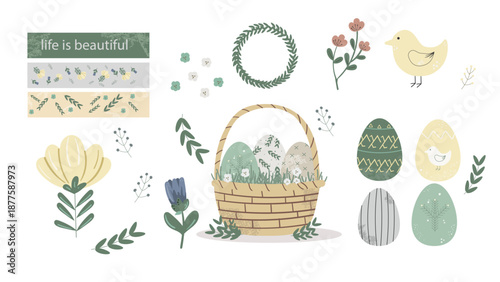Cute Scandinavian Style Easter Clipart Set with Eggs, Basket, Birds, and Floral Elements