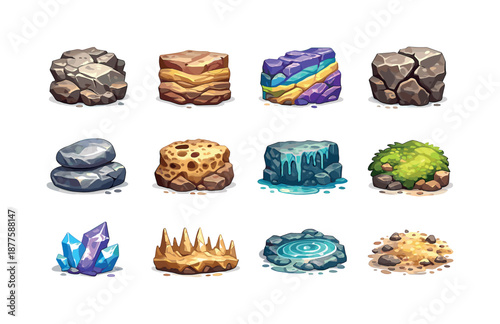 Colorful Cave Icons. Cave textures. Colorful flat vector icons set of cave textures: rough stone patch, layered sediment, mineral stripe pattern, cracked rock