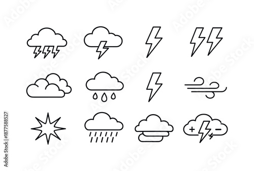 Weather Icon Collection. Cloud and lightning combinations. Line icon set of cloud and lightning combinations: storm cloud, forked lightning, single bolt,
