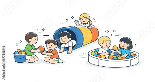 Indoor Playground Fun. People at indoor playground interaction. Kids playing together with balls and tunnels. Friendly social interaction and shared fun