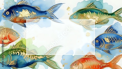 Watercolor fish frame with colorful marine life swimming around white space for text or design elements in aquatic underwater scene.